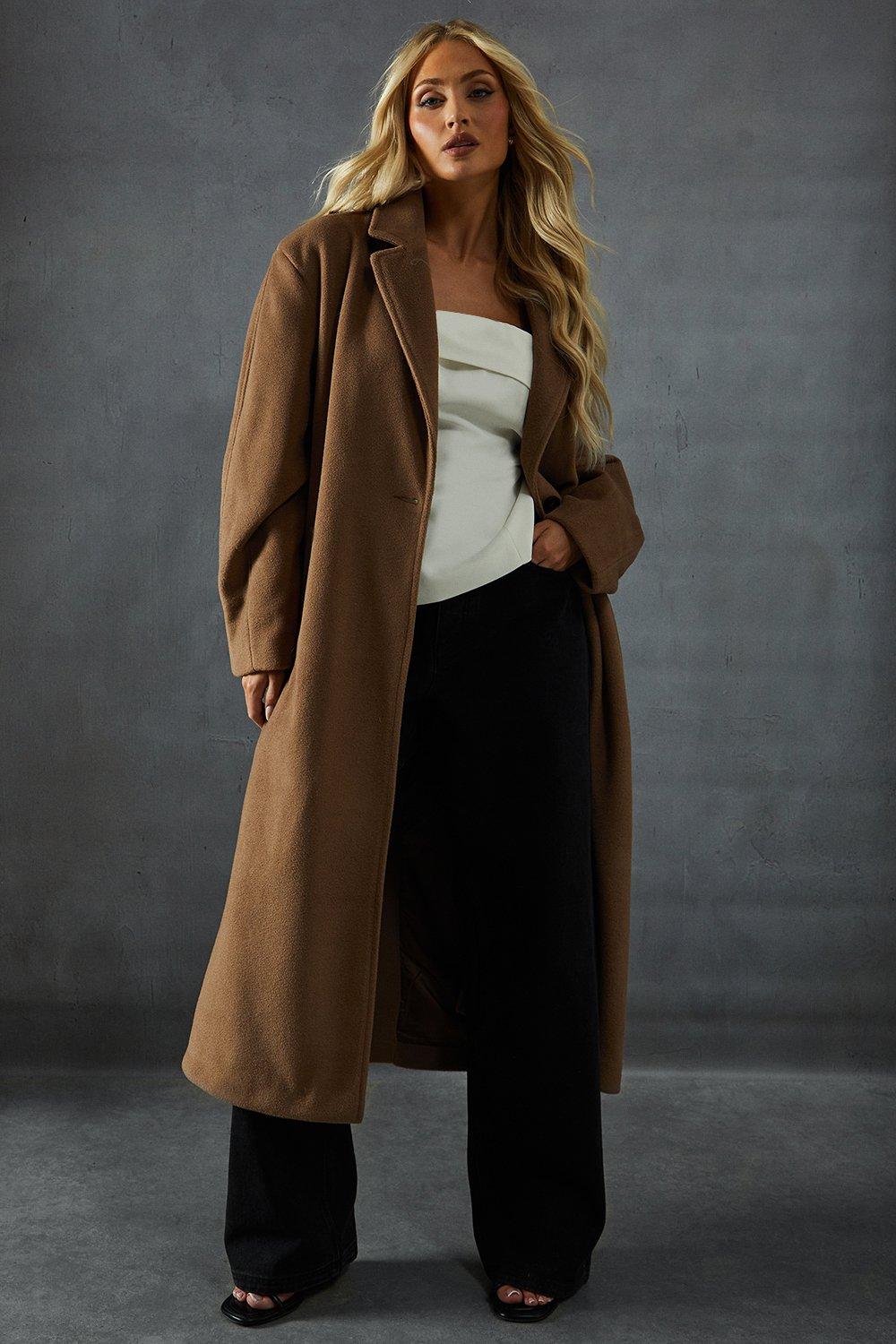 Boohoo belted wool look trench best sale