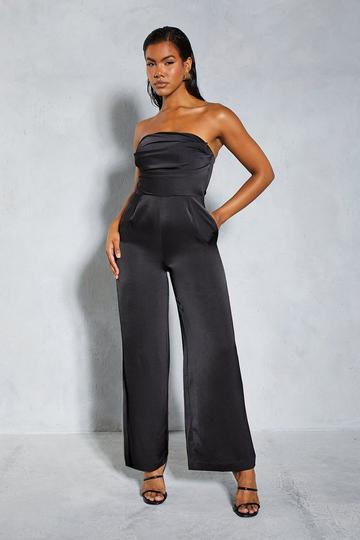 Satin Bandeau Ruched Bust Straight Leg Jumpsuit black