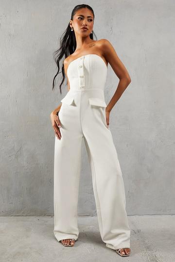 White Diamante Pearl Button Detail Bandeau Wide Leg Jumpsuit