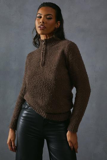 Knitted Boucle Zip Up Neck Oversized Jumper chocolate