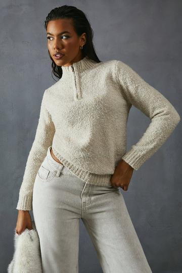 Knitted Boucle Zip Up Neck Oversized Jumper oatmeal