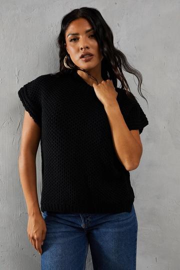 Knitted Cap Sleeve Dipped Hem Jumper black