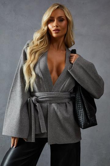 Heavyweight Knitted Belted Wrap Kimono Cardigan grey