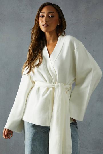 Heavyweight Knitted Belted Wrap Kimono Cardigan ivory