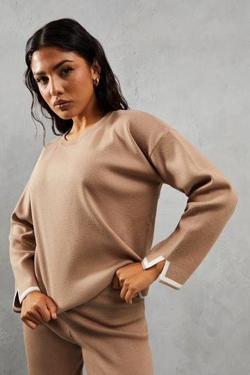 Camel Beige Knitted Contrast Detail Jumper & Wide Leg Trouser Set