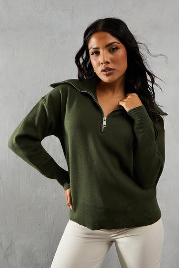 Knitted Rib Collar Zip Up Jumper khaki