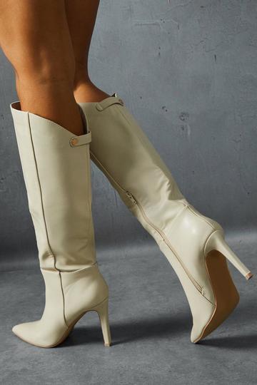 Leather Look Knee High Pointed Boots cream