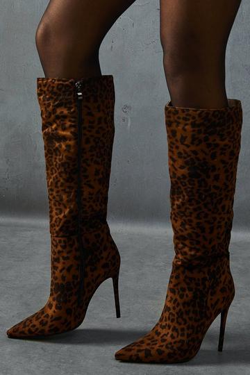 Brown Leopard Print Knee High Boots