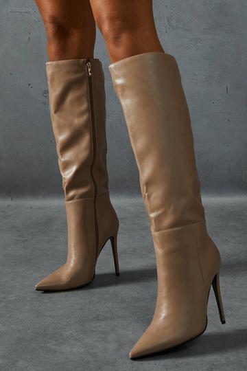 Leather Look Knee High Pointed Boots taupe