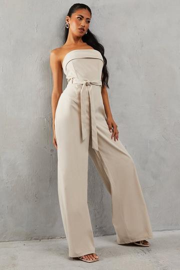 Stone Beige Bandeau Belted Wide Leg Jumpsuit