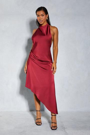 Premium Satin Halterneck Low Back Asymmetric Midi Dress berry