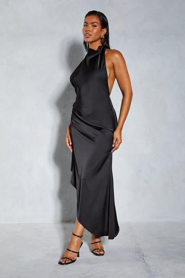 Black Premium Satin Halterneck Low Back Asymmetric Midi Dress