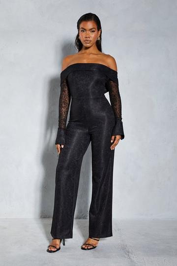 Lace Bardot Cuff Detail Straight Leg Jumpsuit black