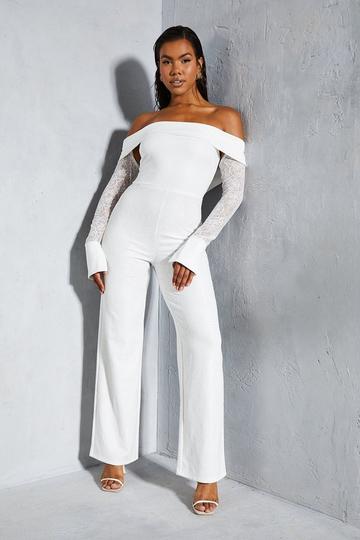 Lace Bardot Cuff Detail Straight Leg Jumpsuit white