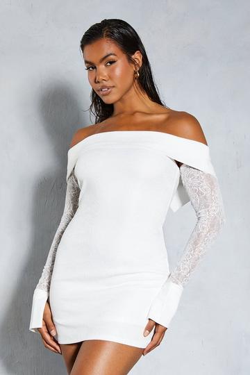 Lace Bardot Cuff Detail Bodycon Mini Dress white