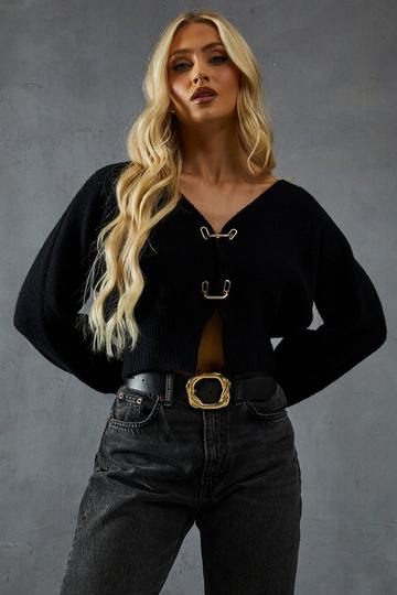 Knitted Gold Trim Detail Batwing Cardigan black