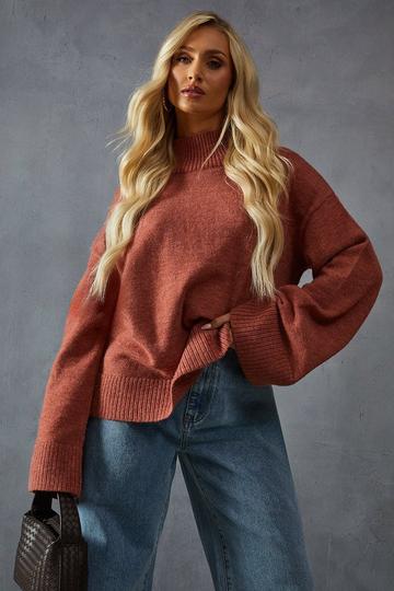 Knitted High Neck Wide Sleeve Jumper rust