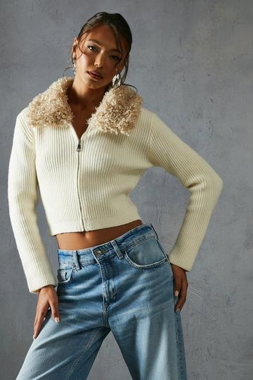 Knitted Rib Teddy Fur Collar Long Sleeve Zip Up Jumper cream