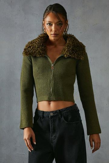 Knitted Rib Teddy Fur Collar Long Sleeve Zip Up Jumper khaki