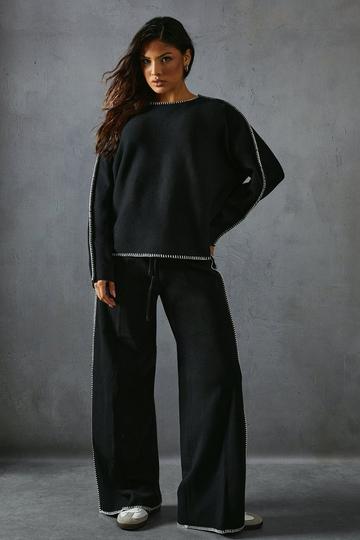 Black Contrast Seam Detail Slash Neck Jumper & Trouser Set