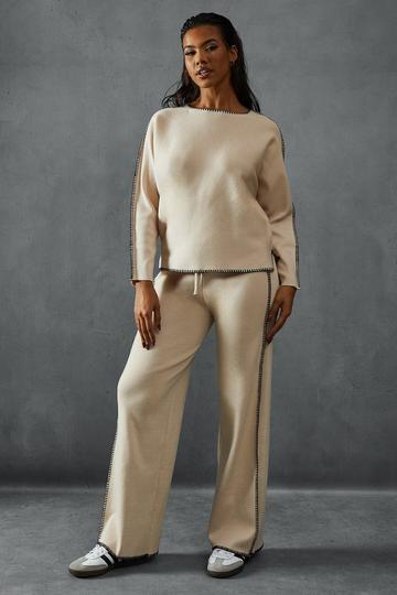 Contrast Seam Detail Slash Neck Jumper & Trouser Set stone