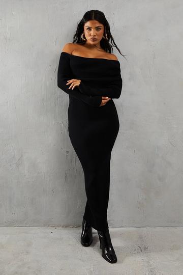 Black Knitted Rib Pleated Bardot Long Sleeve Maxi Dress