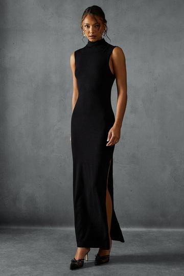 Black Soft Knit Grown On Neck Sleeveless Split Leg Maxi Dress