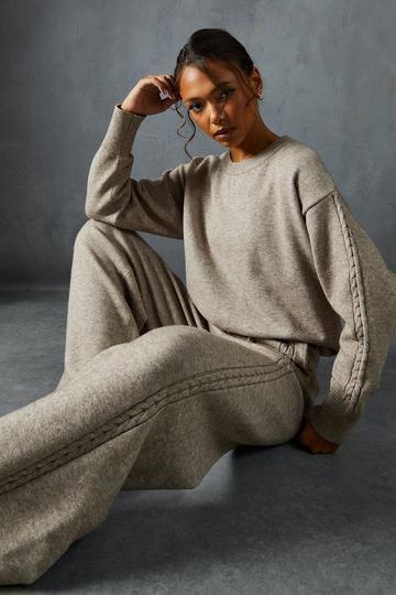 Knitted Marl Stitch Detail Jumper & Straight Leg Trouser Co-ord taupe