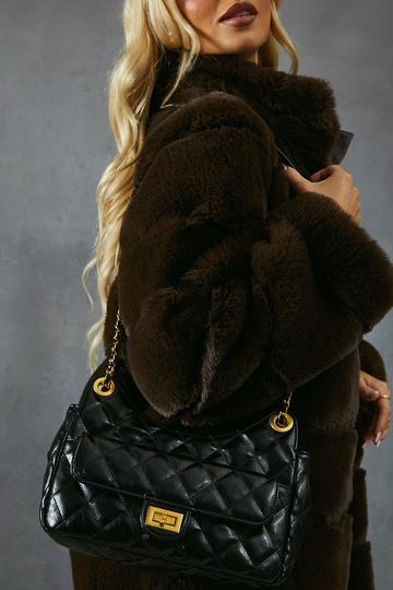 Black Quilted Leather Look Chain Bag