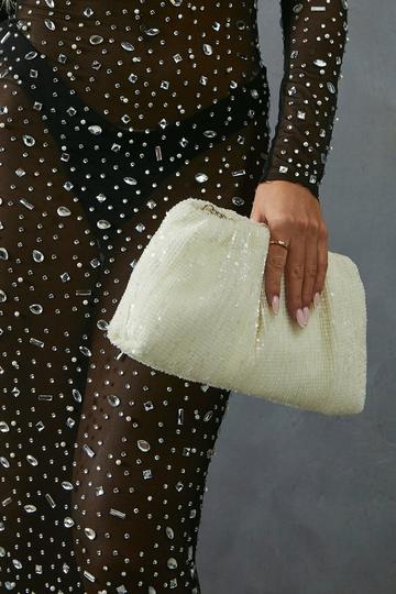 White Ruched Sequin Clutch Bag