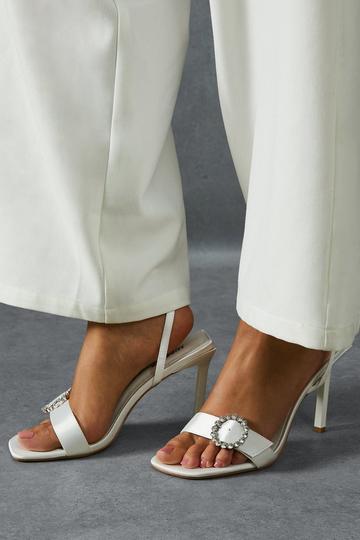 Ivory White Satin Diamante Buckle Square Toe Heels