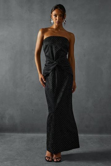 Black Hotfix Diamante Satin Twist Front Bandeau Midaxi Dress