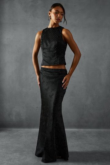 Black Hotfix Diamante Satin Racer Top And Maxi Skirt Co-Ord