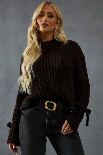 Knitted Tie Sleeve Oversized Jumper chocolate