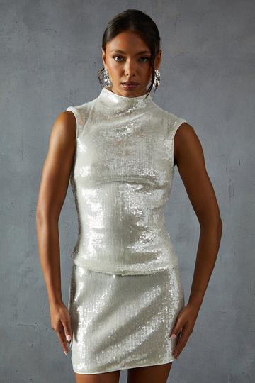 White Sequin Sleeveless Grown On Neck Longline Top