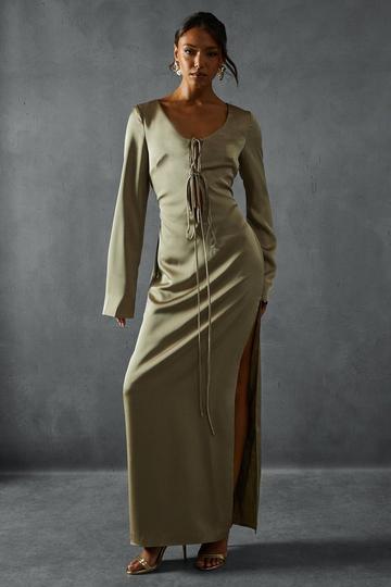 Bronze Metallic Premium Satin Tie Front Long Sleeve Maxi Dress