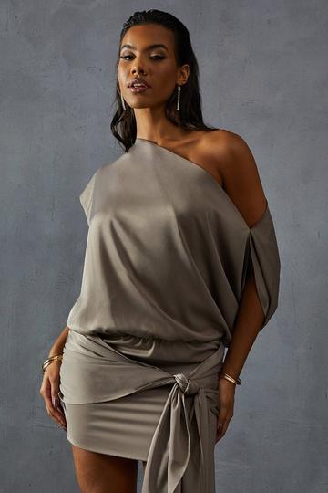 Bronze Metallic Satin Asymmetric Off Shoulder Tie Skirt Mini Dress