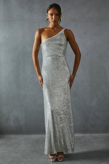 Sequin Asymmetric Strap Pleated Waist Low Back Maxi Dress silver