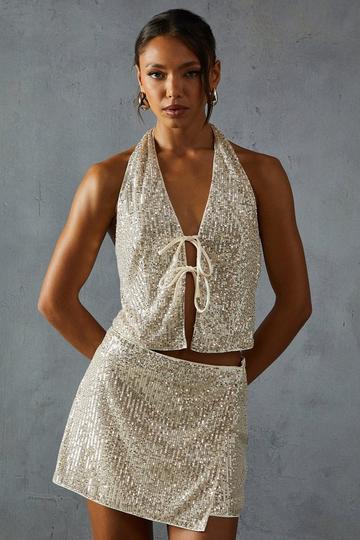 Sequin Tie Front Waistcoat & Skort Co-ord nude