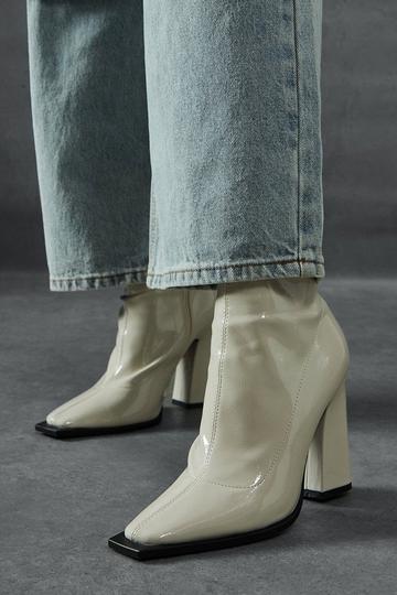 Patent Block High Heel Ankle Boots cream