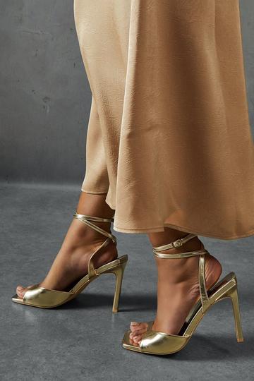 Metallic Leather Look Open Toe Heels gold