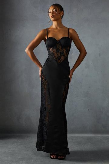 Black Lace Insert Cupped Strappy Maxi Dress