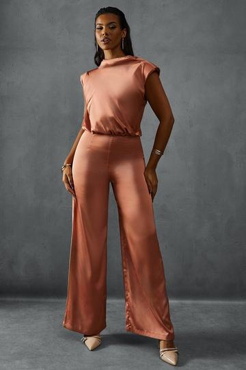 Premium Satin Sleeveless Cowl Back Jumpsuit rust