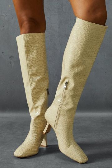 Leather Look Croc Wide Heel Boots cream