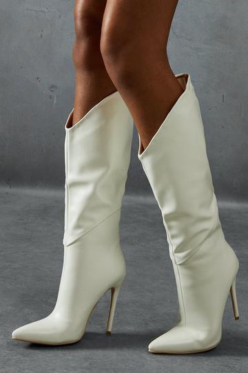 Leather Look Dip Front Stiletto Boots white