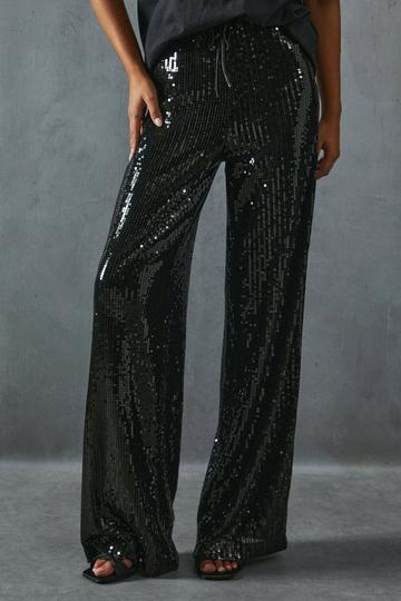 Black Sequin Mid Rise Elastic Waist Wide Leg Trouser