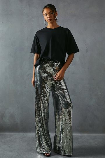 Sequin Mid Rise Elastic Waist Wide Leg Trouser silver