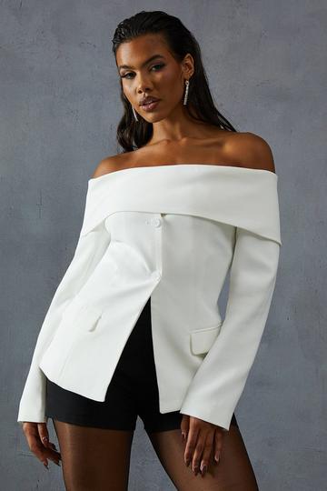 Tailored Bardot Fitted Blazer Top ivory