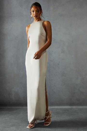 Champagne Beige Premium Satin Racer Open Back Bridesmaid Dress