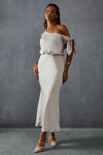 Champagne Beige Premium Satin Off Shoulder Fishtail Bridesmaid Dress